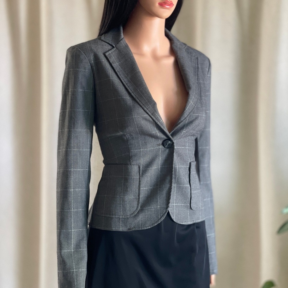 Rampage Womens Gray Windowpane Blazer Jacket Single Button Size S 2PR7KPO